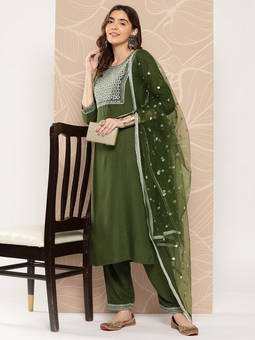 Women Green Embroidered Straight Kurta With Palazzo And Dupatta | LASVINI - Redefining Indian Fashion with Elegance