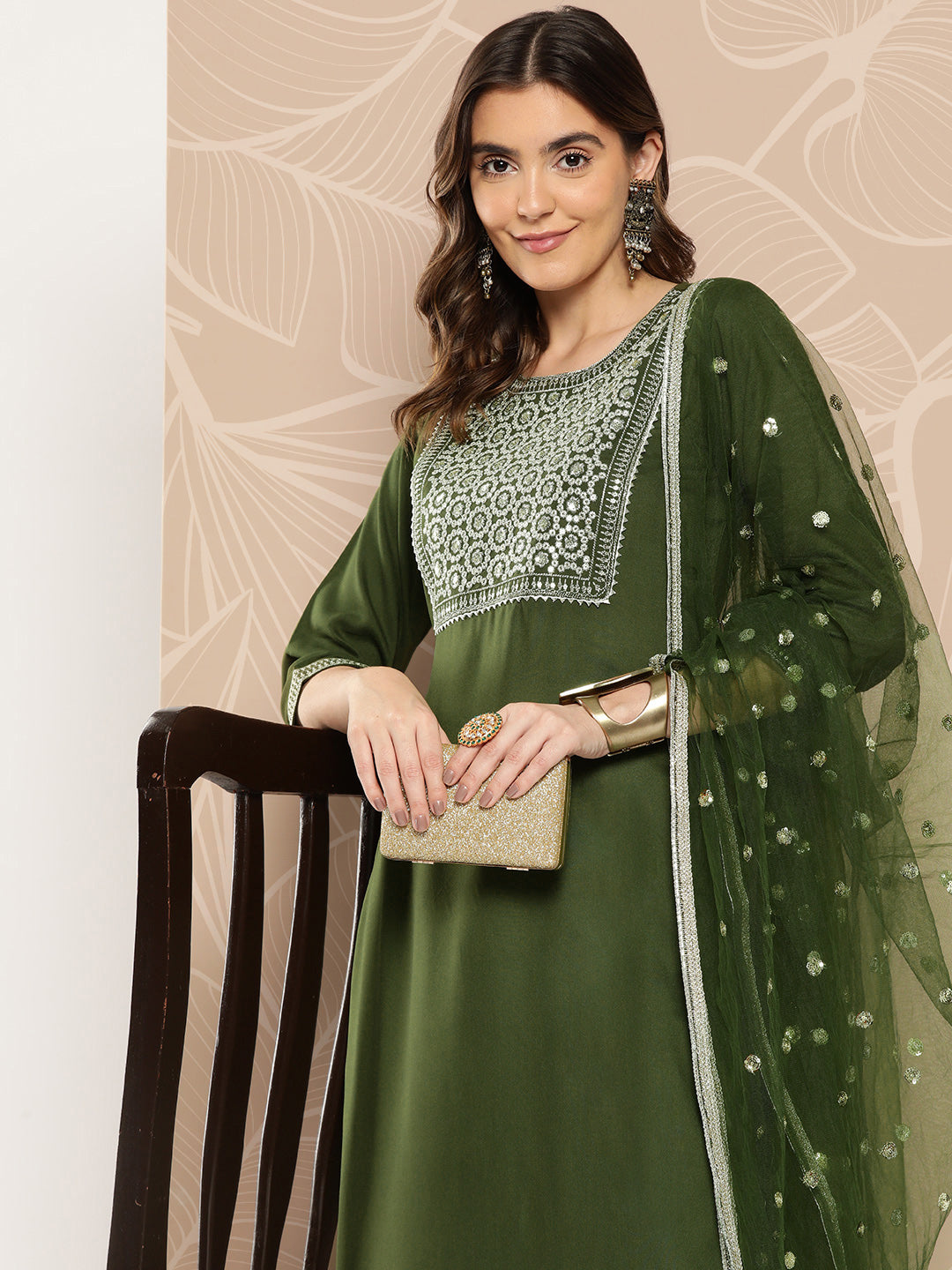 Women Green Embroidered Straight Kurta With Palazzo And Dupatta | LASVINI - Redefining Indian Fashion with Elegance