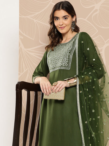 Women Green Embroidered Straight Kurta With Palazzo And Dupatta | LASVINI - Redefining Indian Fashion with Elegance