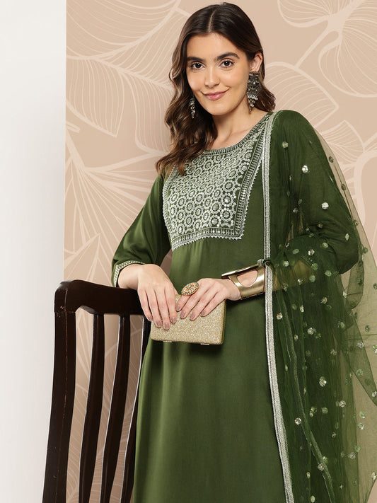 Women Green Embroidered Straight Kurta With Palazzo And Dupatta | LASVINI - Redefining Indian Fashion with Elegance