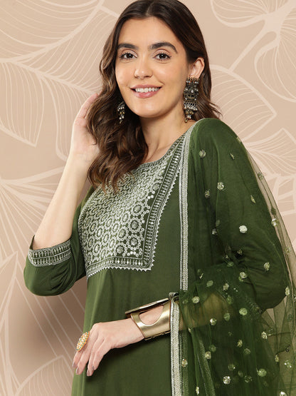 Women Green Embroidered Straight Kurta With Palazzo And Dupatta | LASVINI - Redefining Indian Fashion with Elegance