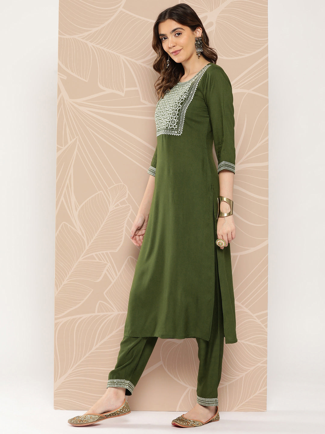 Women Green Embroidered Straight Kurta With Palazzo And Dupatta | LASVINI - Redefining Indian Fashion with Elegance