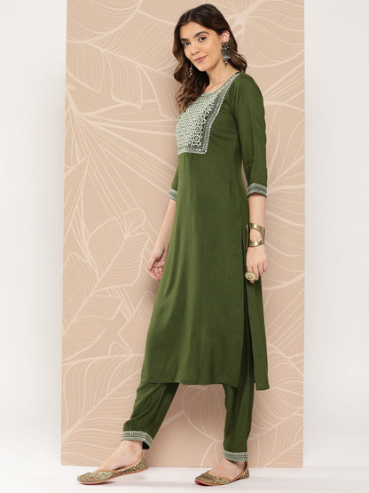 Women Green Embroidered Straight Kurta With Palazzo And Dupatta | LASVINI - Redefining Indian Fashion with Elegance