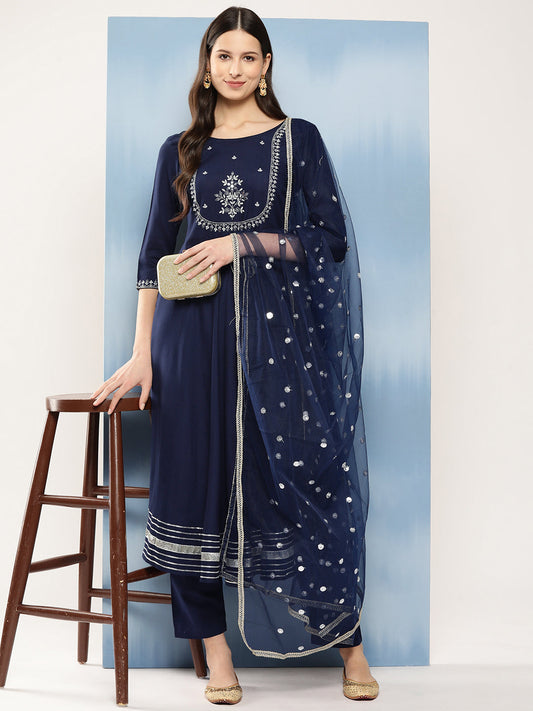 Women Navy Blue Embroidered Anarkali Kurta With Trouser And Dupatta | LASVINI - Redefining Indian Fashion with Elegance