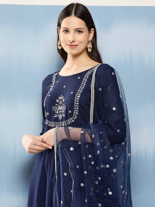 Women Navy Blue Embroidered Anarkali Kurta With Trouser And Dupatta | LASVINI - Redefining Indian Fashion with Elegance