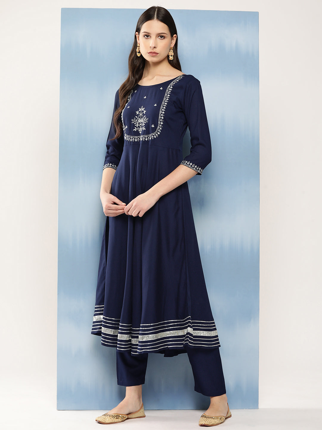 Women Navy Blue Embroidered Anarkali Kurta With Trouser And Dupatta | LASVINI - Redefining Indian Fashion with Elegance