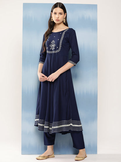Women Navy Blue Embroidered Anarkali Kurta With Trouser And Dupatta | LASVINI - Redefining Indian Fashion with Elegance