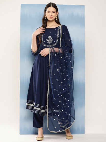 Women Navy Blue Embroidered Anarkali Kurta With Trouser And Dupatta | LASVINI - Redefining Indian Fashion with Elegance