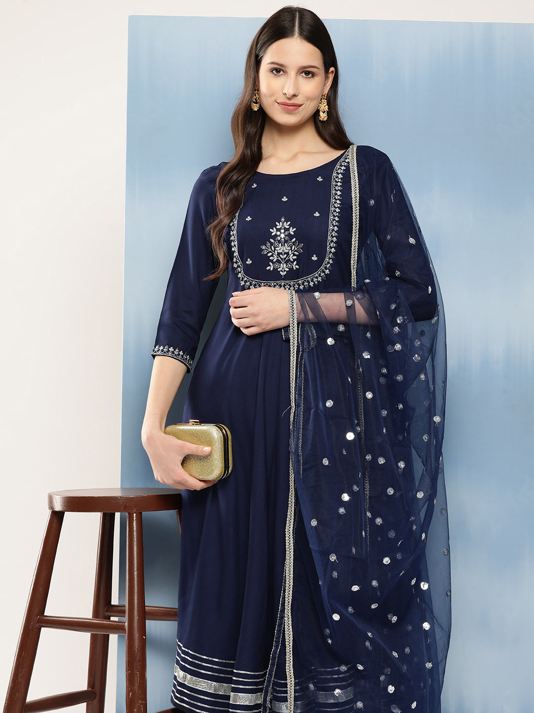 Women Navy Blue Embroidered Anarkali Kurta With Trouser And Dupatta | LASVINI - Redefining Indian Fashion with Elegance