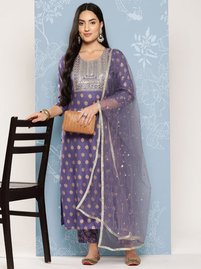 Women Purple Embroidered Straight Kurta With Palazzo And Net Dupatta | LASVINI - Redefining Indian Fashion with Elegance