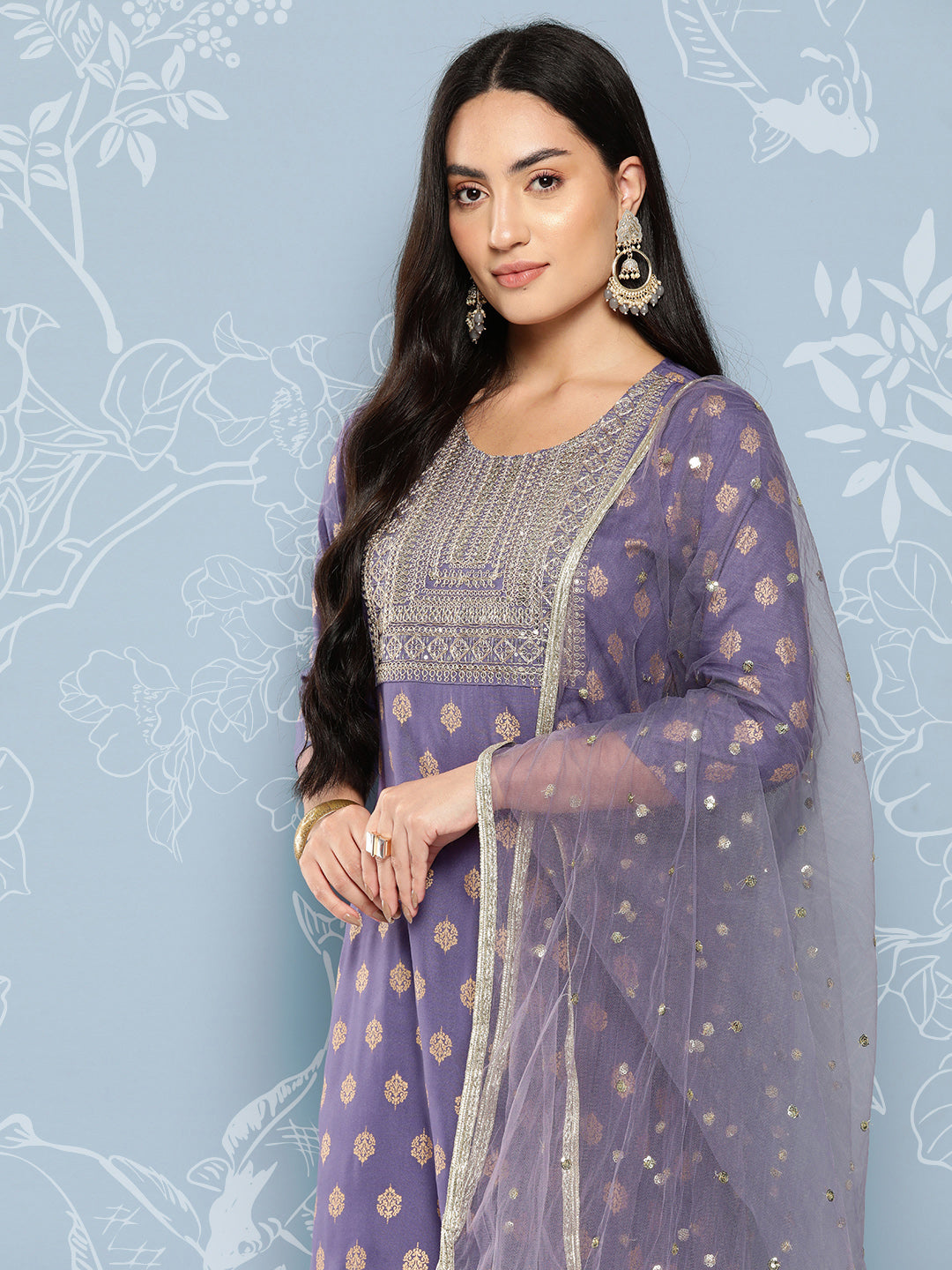 Women Purple Embroidered Straight Kurta With Palazzo And Net Dupatta | LASVINI - Redefining Indian Fashion with Elegance
