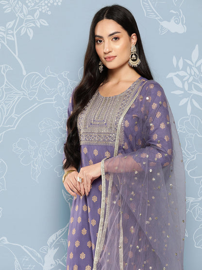 Women Purple Embroidered Straight Kurta With Palazzo And Net Dupatta | LASVINI - Redefining Indian Fashion with Elegance