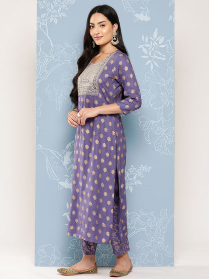 Women Purple Embroidered Straight Kurta With Palazzo And Net Dupatta | LASVINI - Redefining Indian Fashion with Elegance