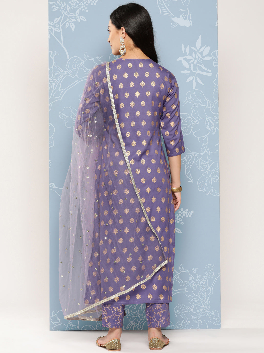 Women Purple Embroidered Straight Kurta With Palazzo And Net Dupatta | LASVINI - Redefining Indian Fashion with Elegance