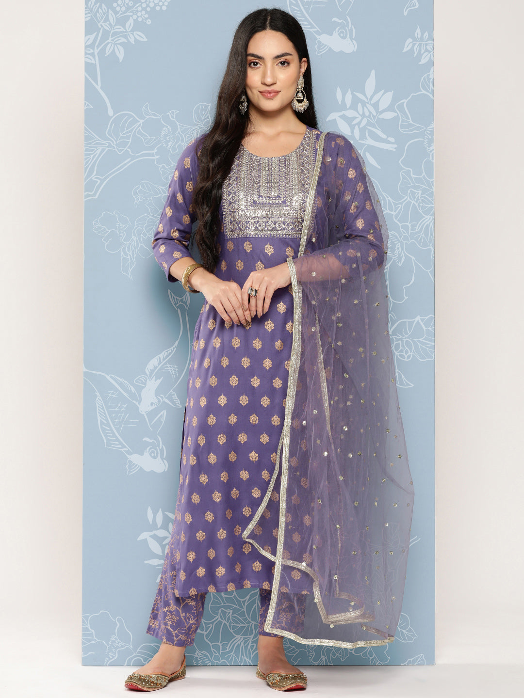Women Purple Embroidered Straight Kurta With Palazzo And Net Dupatta | LASVINI - Redefining Indian Fashion with Elegance