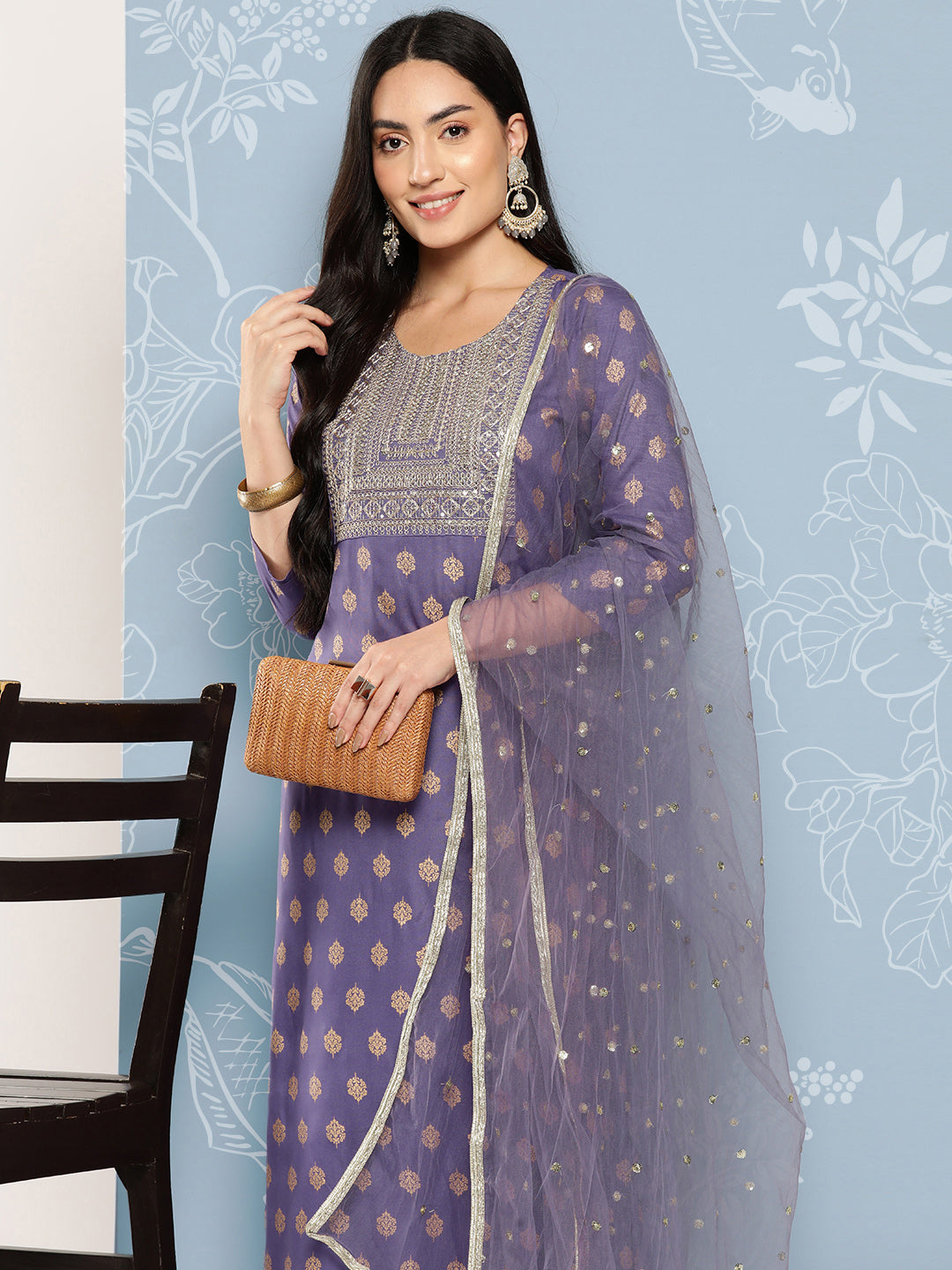 Women Purple Embroidered Straight Kurta With Palazzo And Net Dupatta | LASVINI - Redefining Indian Fashion with Elegance