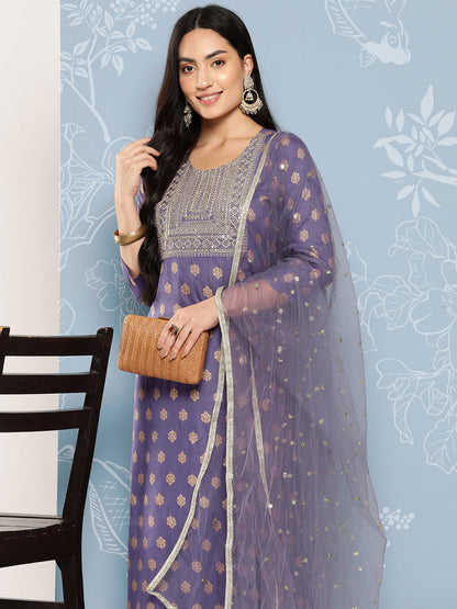 Women Purple Embroidered Straight Kurta With Palazzo And Net Dupatta | LASVINI - Redefining Indian Fashion with Elegance