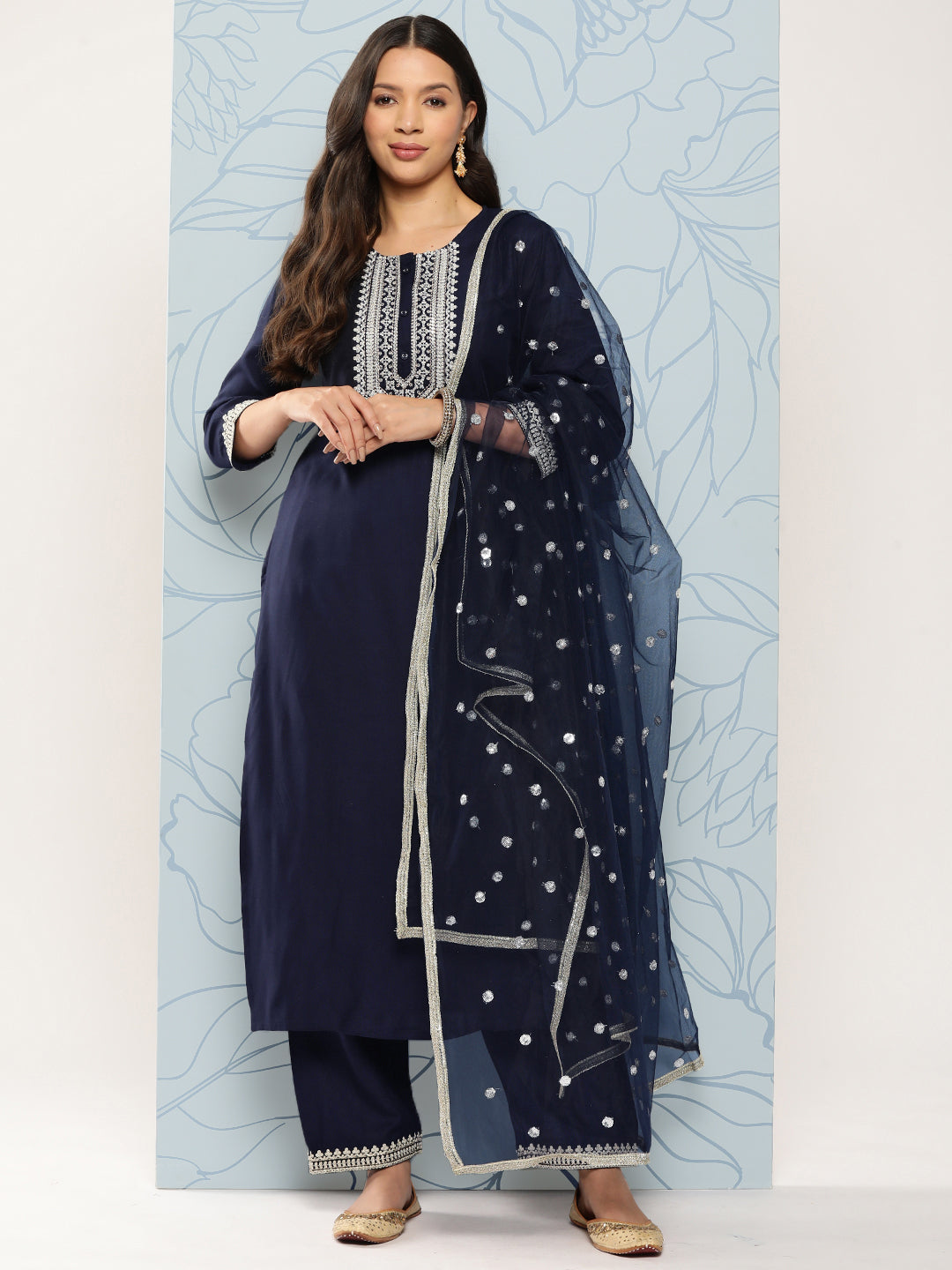Women Navy Blue Embroidered Straight Kurta With Palazzo And Net Dupatta | LASVINI - Redefining Indian Fashion with Elegance
