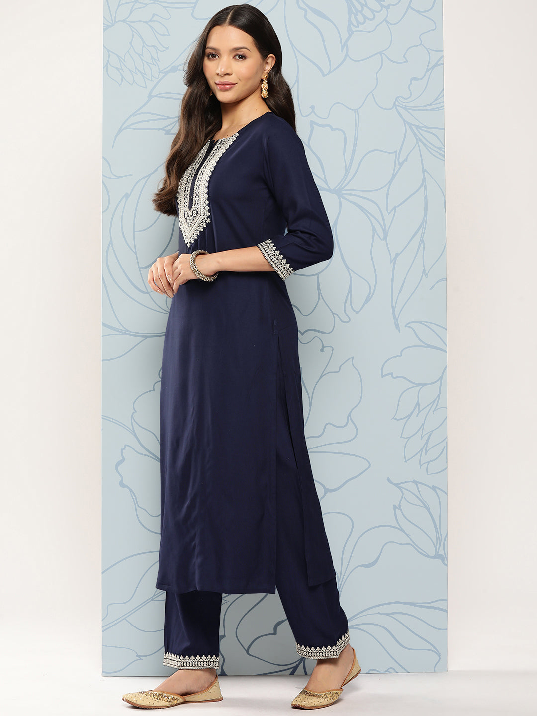Women Navy Blue Embroidered Straight Kurta With Palazzo And Net Dupatta | LASVINI - Redefining Indian Fashion with Elegance