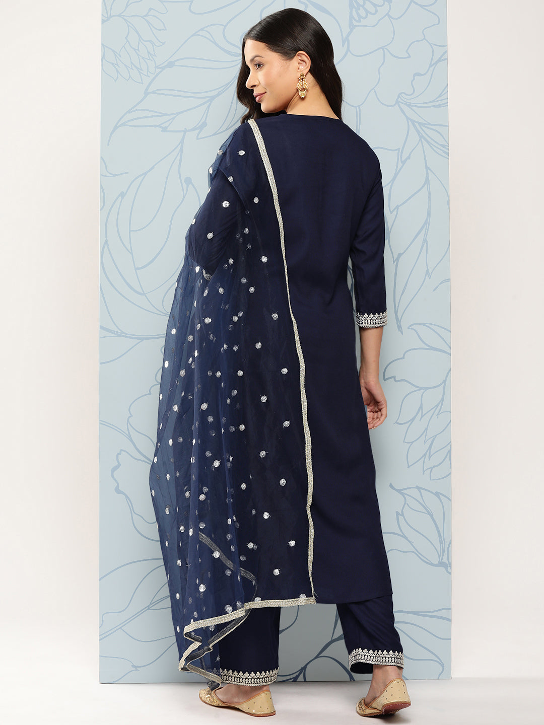 Women Navy Blue Embroidered Straight Kurta With Palazzo And Net Dupatta | LASVINI - Redefining Indian Fashion with Elegance