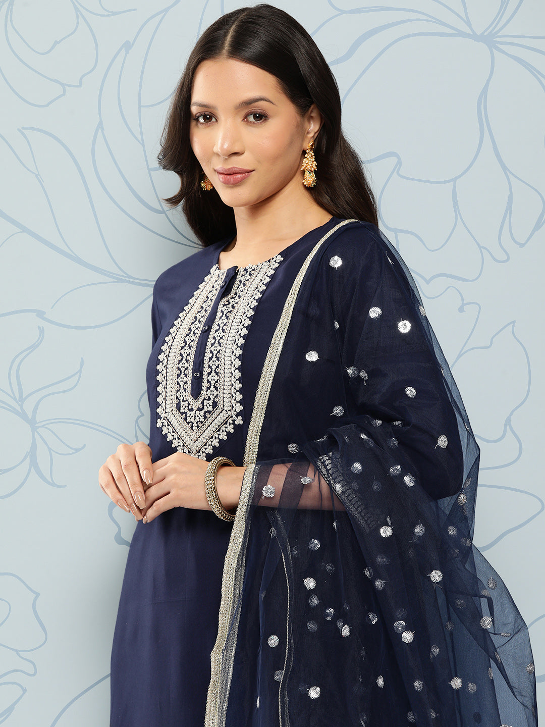 Women Navy Blue Embroidered Straight Kurta With Palazzo And Net Dupatta | LASVINI - Redefining Indian Fashion with Elegance