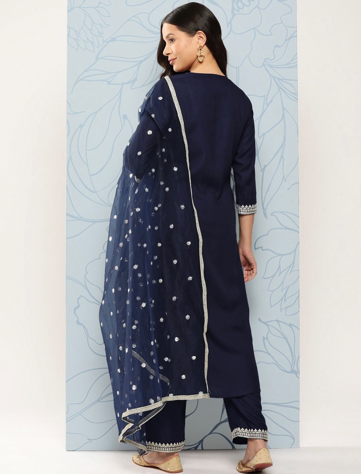 Women Navy Blue Embroidered Straight Kurta With Palazzo And Net Dupatta | LASVINI - Redefining Indian Fashion with Elegance