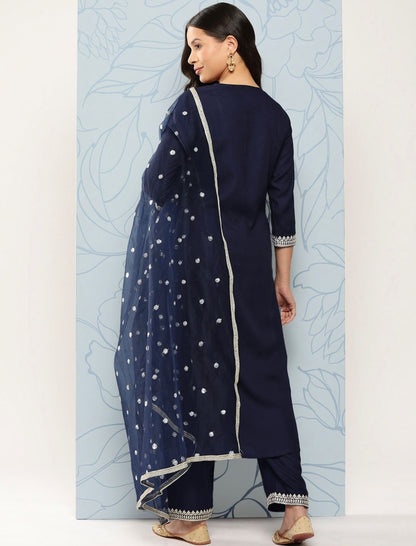 Women Navy Blue Embroidered Straight Kurta With Palazzo And Net Dupatta | LASVINI - Redefining Indian Fashion with Elegance