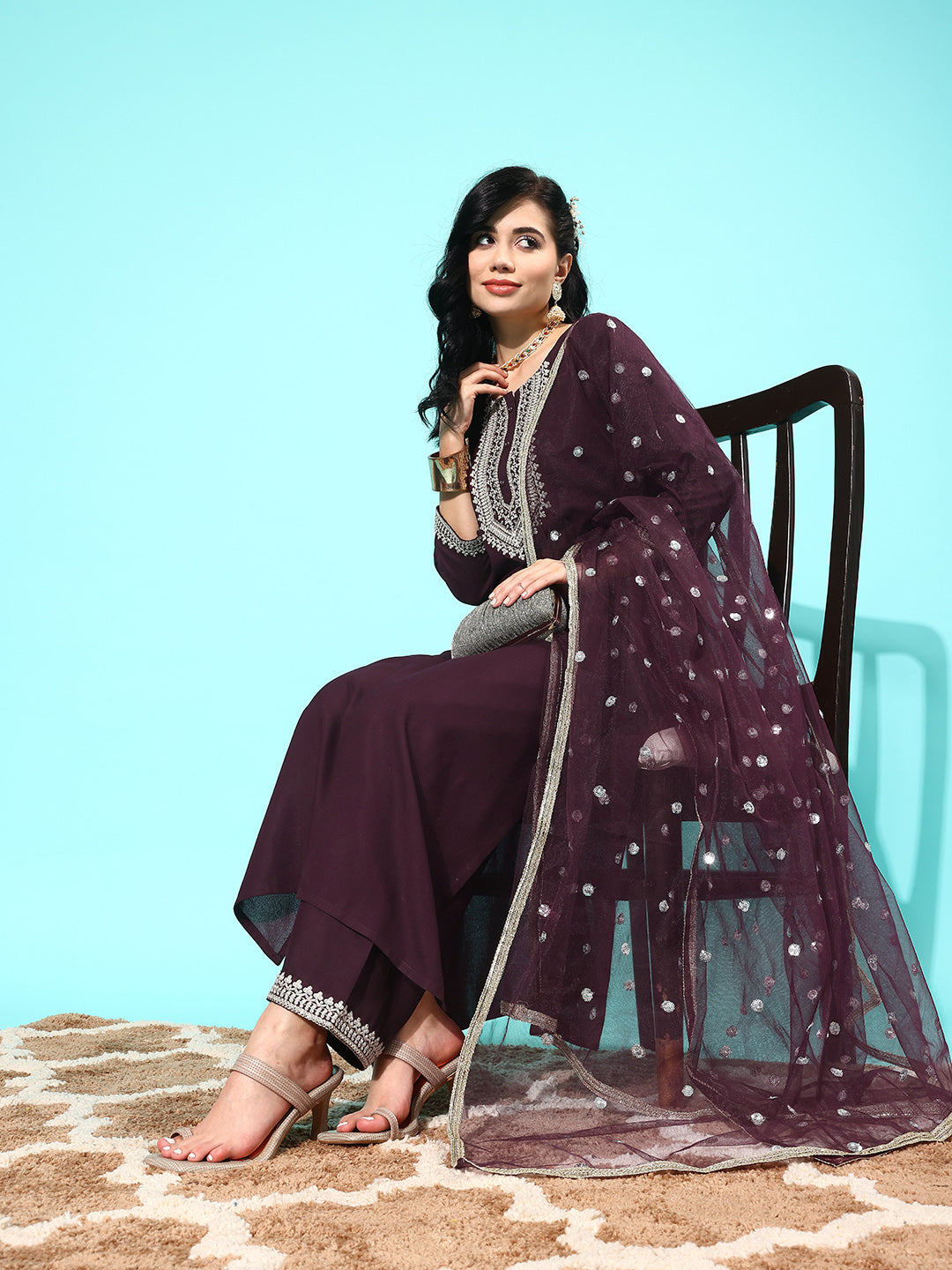 Women Dark Purple Embroidered Straight Kurta With Palazzo And Net Dupatta | LASVINI - Redefining Indian Fashion with Elegance