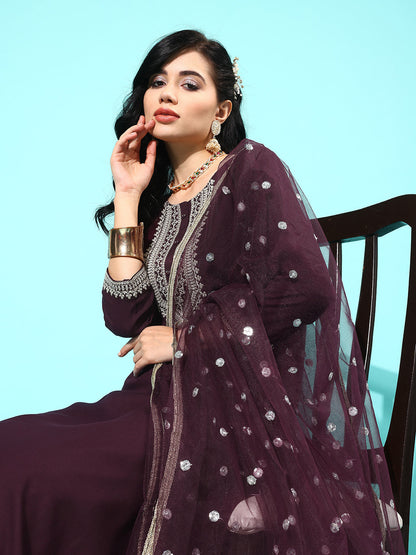 Women Dark Purple Embroidered Straight Kurta With Palazzo And Net Dupatta | LASVINI - Redefining Indian Fashion with Elegance
