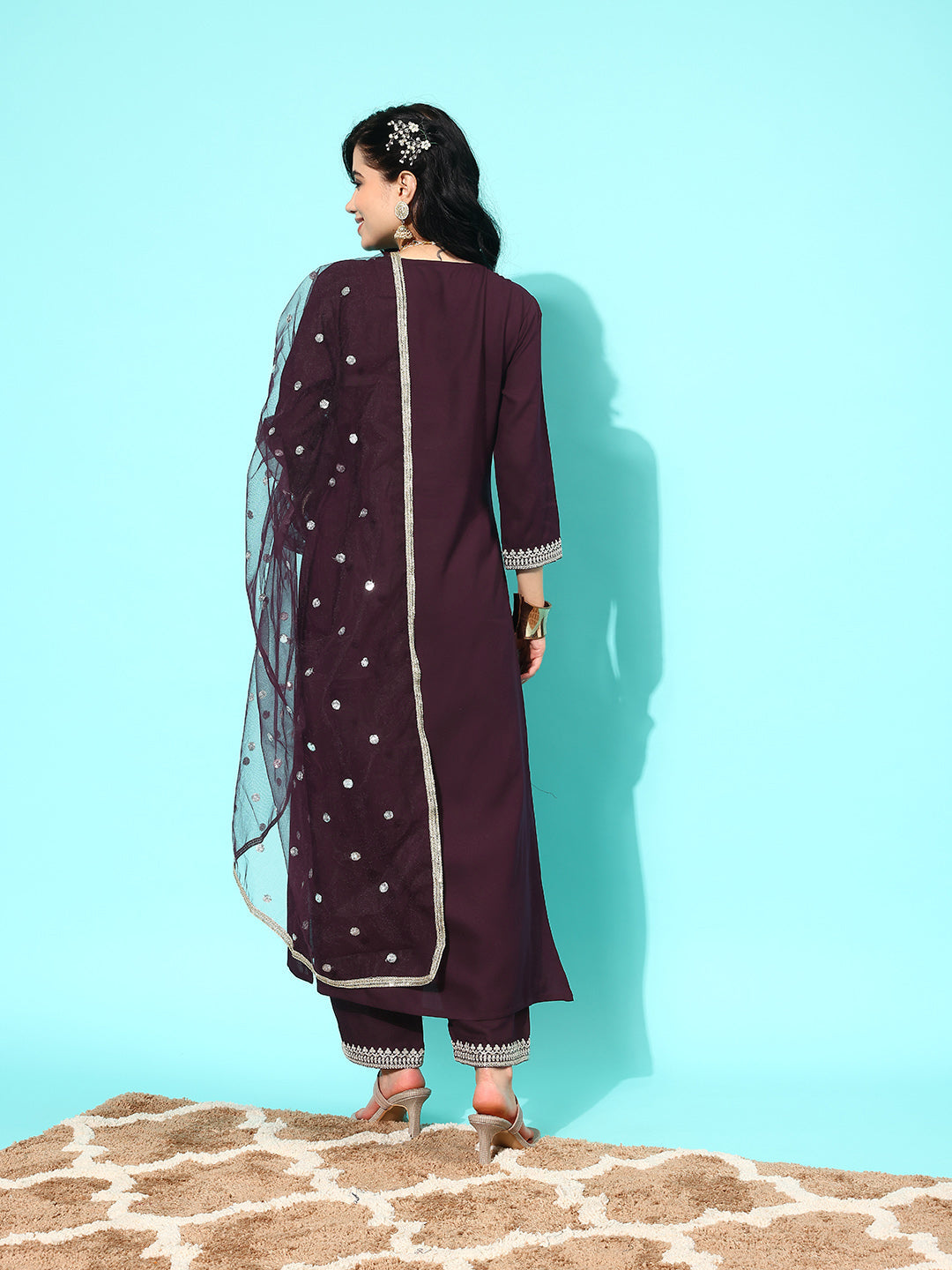 Women Dark Purple Embroidered Straight Kurta With Palazzo And Net Dupatta | LASVINI - Redefining Indian Fashion with Elegance