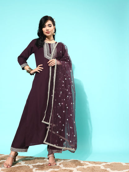 Women Dark Purple Embroidered Straight Kurta With Palazzo And Net Dupatta | LASVINI - Redefining Indian Fashion with Elegance
