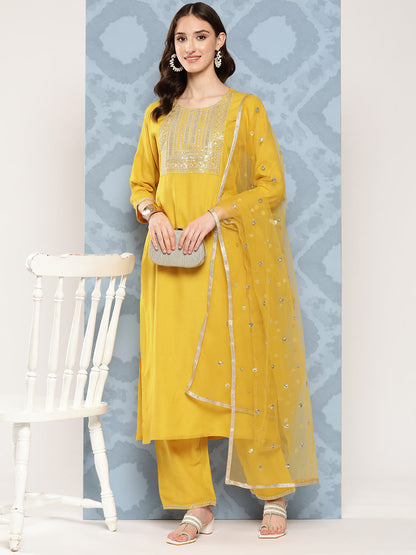 Women Yellow Embroidered Straight Kurta With Palazzo And Net Dupatta | LASVINI - Redefining Indian Fashion with Elegance