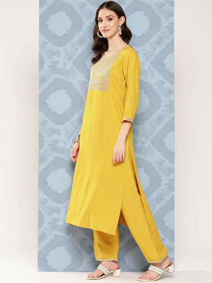Women Yellow Embroidered Straight Kurta With Palazzo And Net Dupatta | LASVINI - Redefining Indian Fashion with Elegance