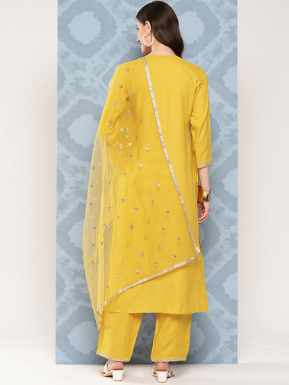 Women Yellow Embroidered Straight Kurta With Palazzo And Net Dupatta | LASVINI - Redefining Indian Fashion with Elegance