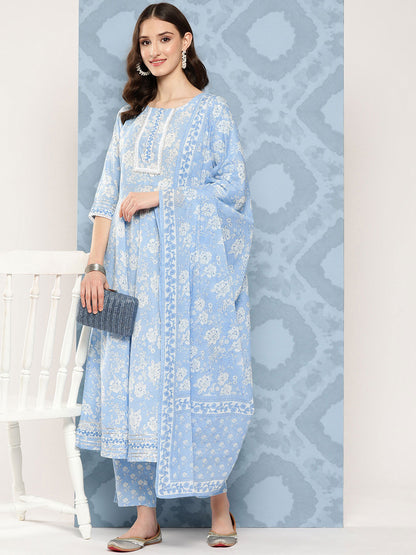 Women Blue Printed Flared Kurta And Trouser With Dupatta | LASVINI - Redefining Indian Fashion with Elegance