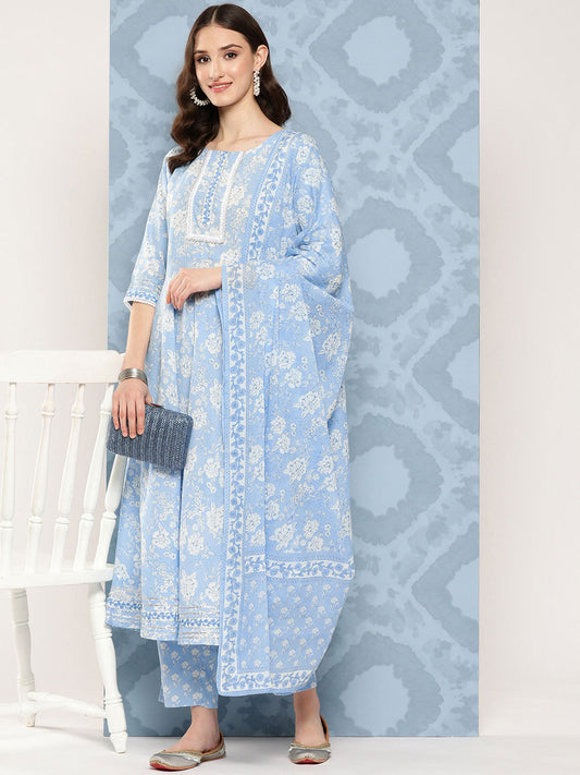Women Blue Printed Flared Kurta And Trouser With Dupatta | LASVINI - Redefining Indian Fashion with Elegance