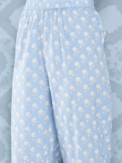 Women Blue Printed Flared Kurta And Trouser With Dupatta | LASVINI - Redefining Indian Fashion with Elegance