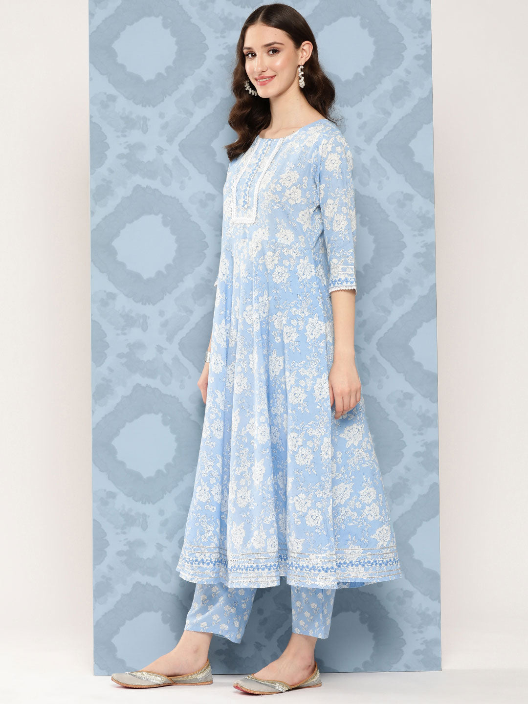 Women Blue Printed Flared Kurta And Trouser With Dupatta | LASVINI - Redefining Indian Fashion with Elegance