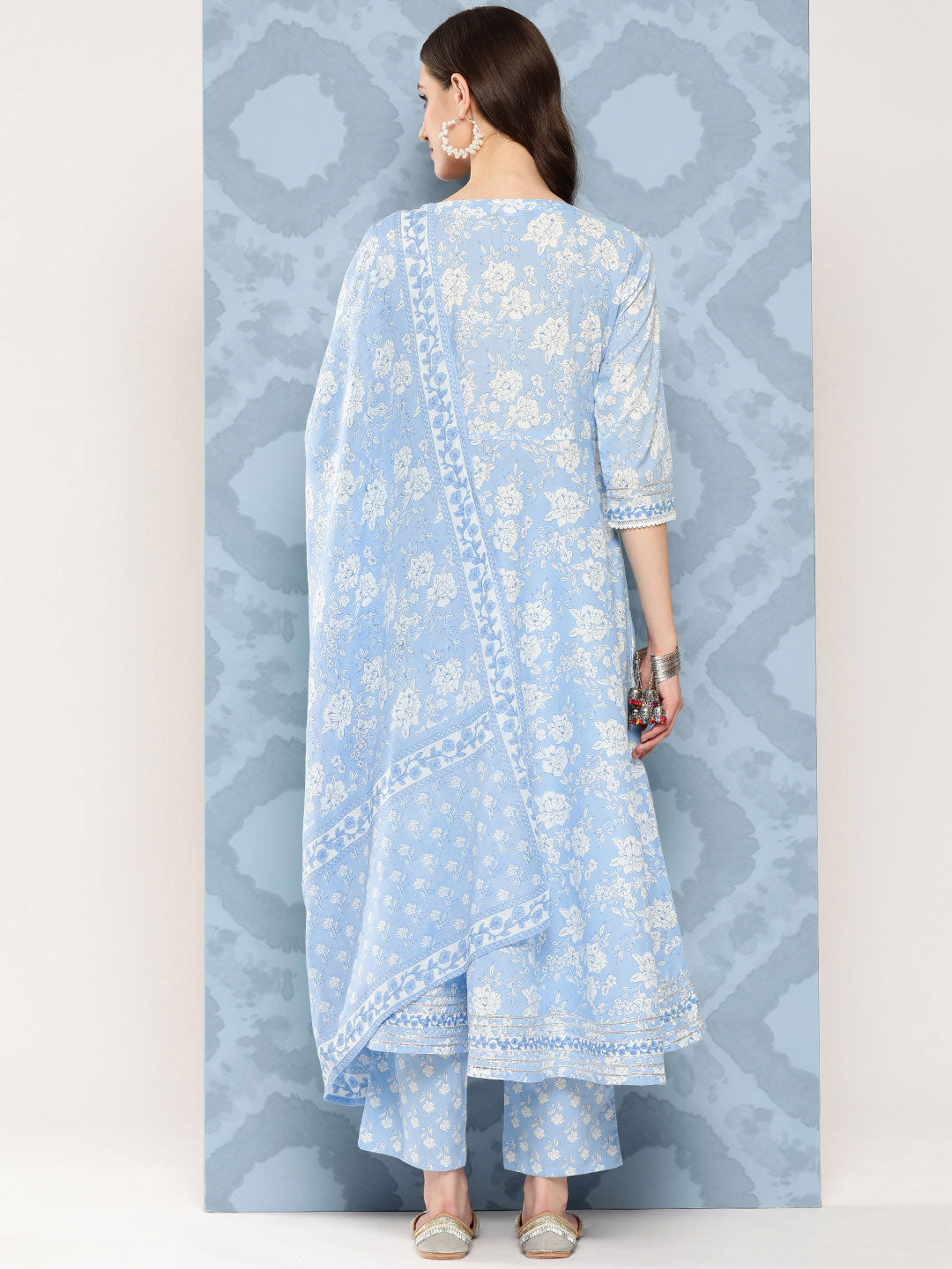 Women Blue Printed Flared Kurta And Trouser With Dupatta | LASVINI - Redefining Indian Fashion with Elegance
