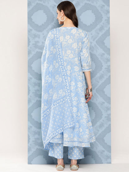 Women Blue Printed Flared Kurta And Trouser With Dupatta | LASVINI - Redefining Indian Fashion with Elegance