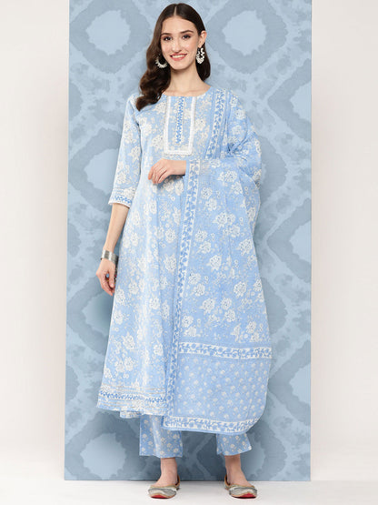 Women Blue Printed Flared Kurta And Trouser With Dupatta | LASVINI - Redefining Indian Fashion with Elegance