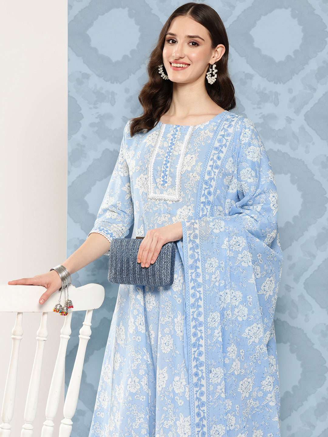 Women Blue Printed Flared Kurta And Trouser With Dupatta | LASVINI - Redefining Indian Fashion with Elegance