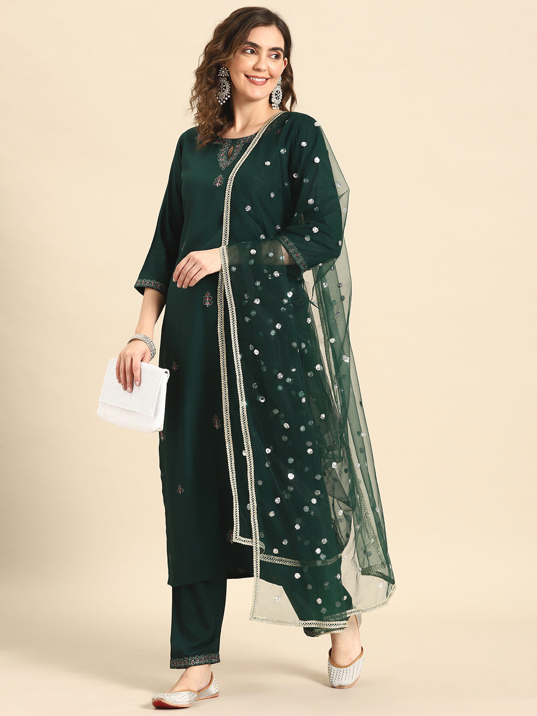 Women Green Embroidered Straight Kurta With Palazzo And Net Dupatta | LASVINI - Redefining Indian Fashion with Elegance