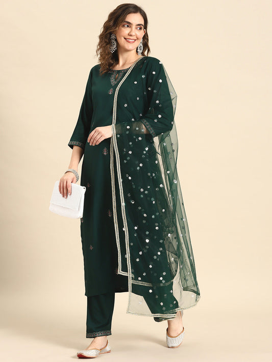 Women Green Embroidered Straight Kurta With Palazzo And Net Dupatta | LASVINI - Redefining Indian Fashion with Elegance