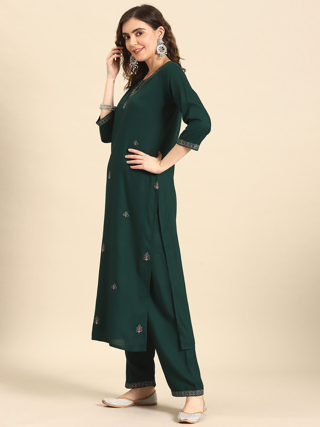Women Green Embroidered Straight Kurta With Palazzo And Net Dupatta | LASVINI - Redefining Indian Fashion with Elegance