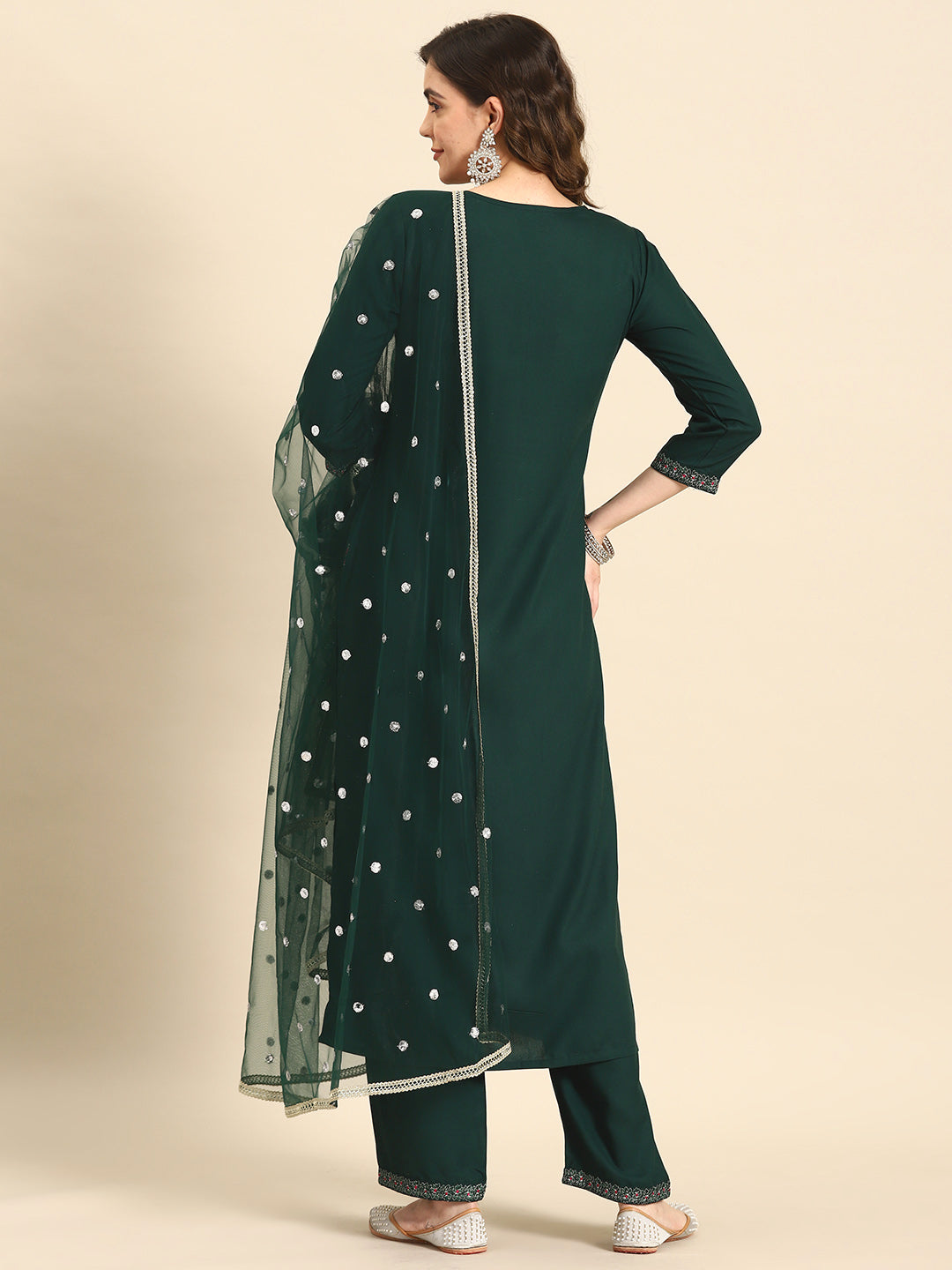 Women Green Embroidered Straight Kurta With Palazzo And Net Dupatta | LASVINI - Redefining Indian Fashion with Elegance