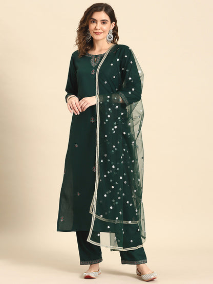Women Green Embroidered Straight Kurta With Palazzo And Net Dupatta | LASVINI - Redefining Indian Fashion with Elegance