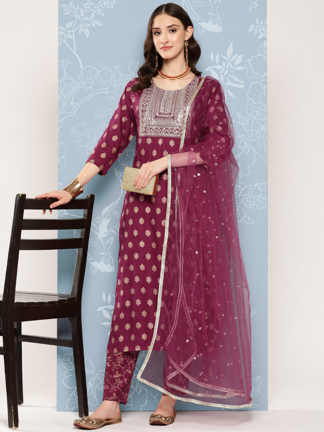 Women Burgundy Embroidered Straight Kurta With Palazzo And Net Dupatta | LASVINI - Redefining Indian Fashion with Elegance
