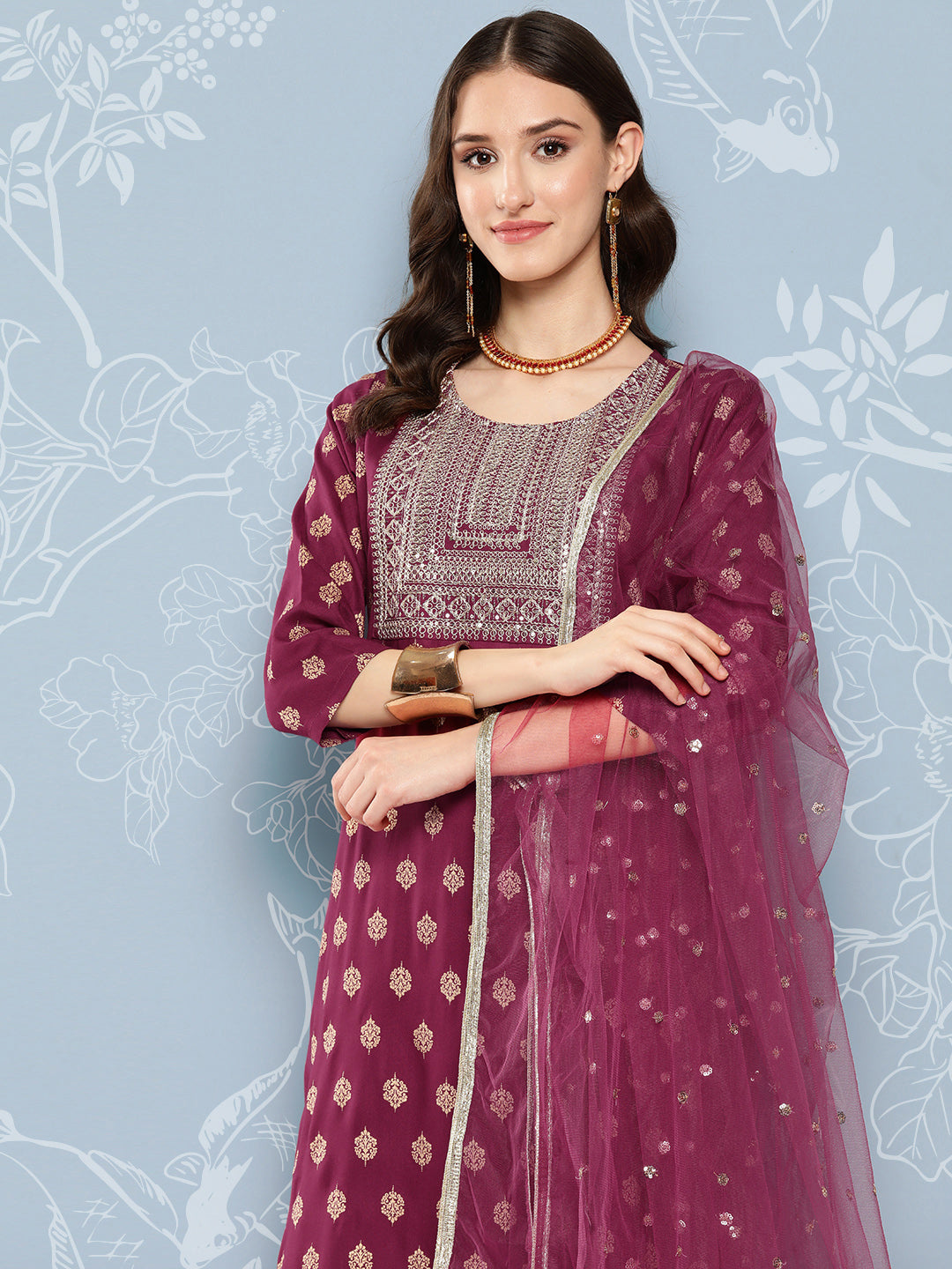 Women Burgundy Embroidered Straight Kurta With Palazzo And Net Dupatta | LASVINI - Redefining Indian Fashion with Elegance