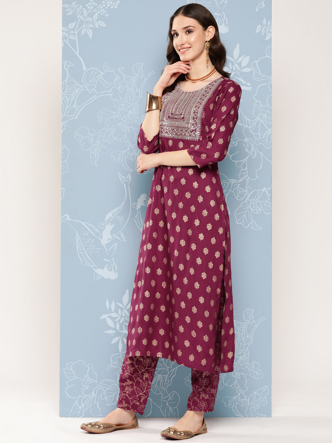 Women Burgundy Embroidered Straight Kurta With Palazzo And Net Dupatta | LASVINI - Redefining Indian Fashion with Elegance